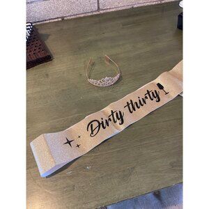 Gold Glitter "Dirty Thirty" Sash & Rose Gold Rhinestone Tiara Birthday Set